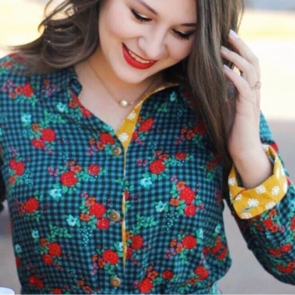 Matilda Jane checkered floral fa la la long sleeve shirt dress green red S - Picture 2 of 16